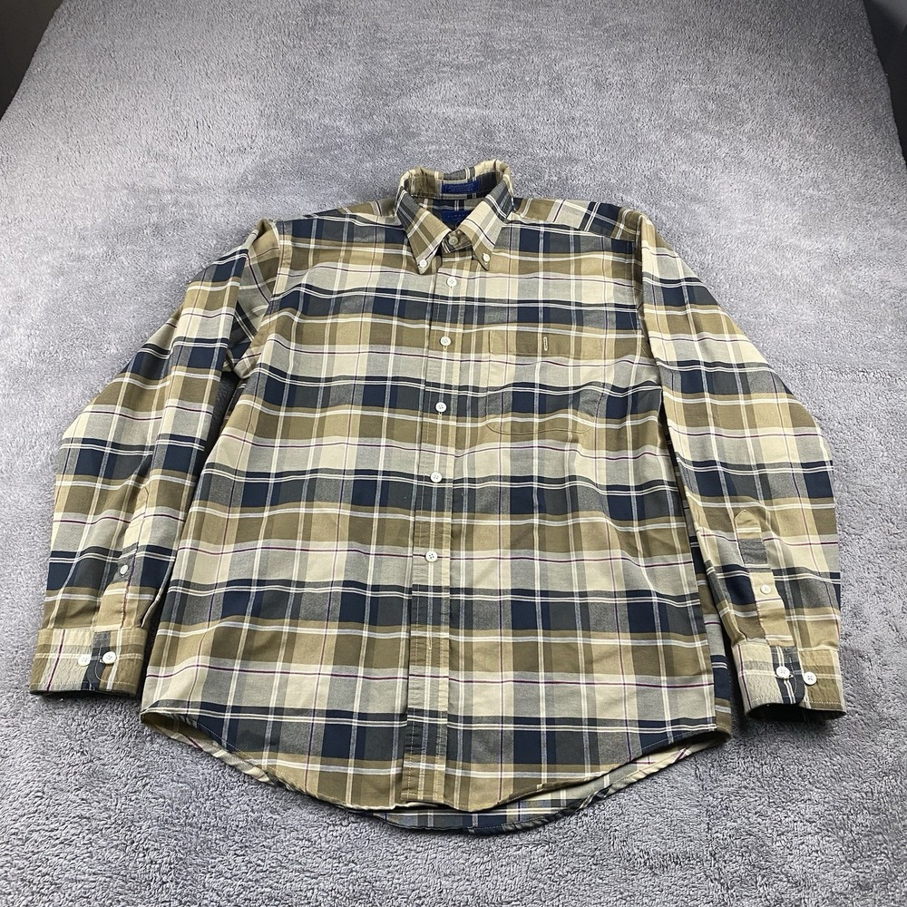 TownCraft Wrinkle Free Button Up Shirt Mens Small Plaid Brown Tan Long Sleeve‎